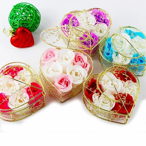 Rose Soap Flower In Heart Shaped Metal Wire Basket Scented Artificial Rose For Valentine Mothers Day Wedding Party Gift