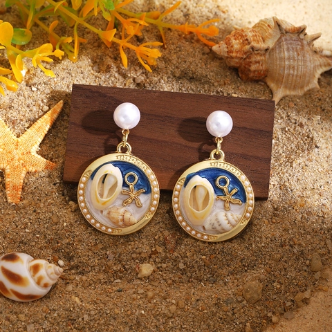 Vintage Ocean Theme Alloy Drop Earrings With Artificial Pearl Enamel Seashell Starfish Summer Beach Vacation Jewelry