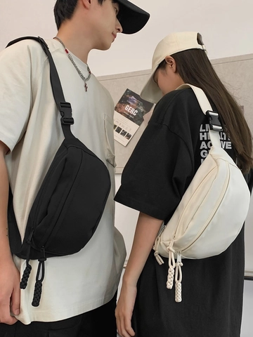 Unisex Waist Bag Canvas Nylon Chest Crossbody Sports Bag With Braided Rope Zipper Pulls Adjustable Strap Casual Streetwear