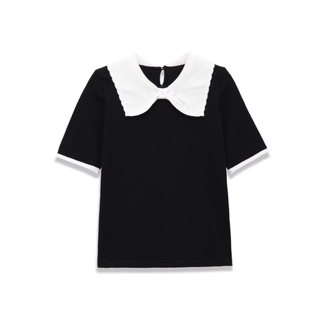 Camiseta De Punto Con Cuello Peter Pan Para Mujer Color En Contraste Lazo Manga Corta Top Casual