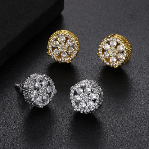 Round Iced Out Stud Earrings Copper With AAA Cubic Zirconia Micro Pave Screw Back Hip Hop Style Unisex