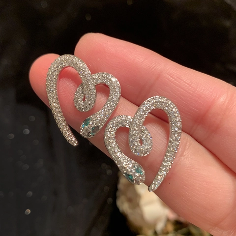 Schlangen Herz Ohrstecker Mit 925 Sterling Silber Ohrstift Kupfer Zirkonia Grüne Augen Luxus Mode Für Damen
