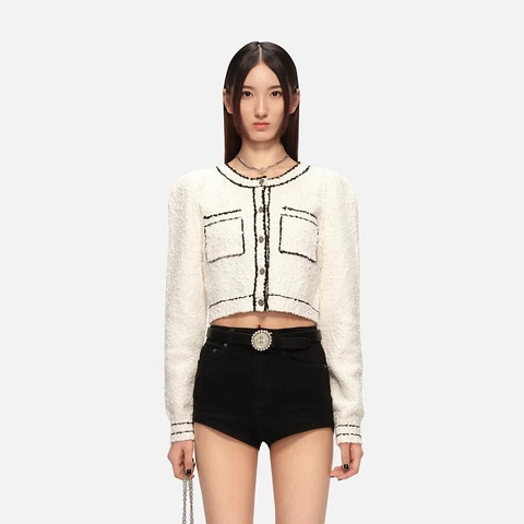 Giacca Corta In Tweed Da Donna Finiture A Contrasto Elegante Girocollo Maniche Lunghe Cardigan Crop Cappotto Monopetto