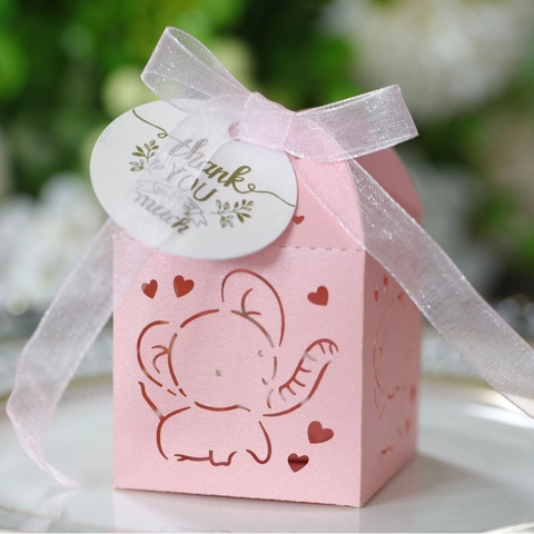 Laser Cut Elephant Hollow Candy Boxes Pearlescent Paper With Ribbons And Thank You Tags For Wedding Baby Shower Favors