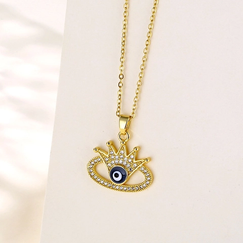 Evil Eye Crown Pendant Necklace Gold Plated Copper Stainless Steel Chain Rhinestone Zircon Jewelry For Women