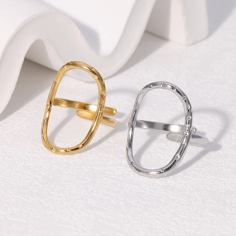Anillo Abierto De Acero Inoxidable Minimalista Textura Martillada Geométrico Ovalado Hueco Ajustable Joyería De Moda Para Mujer