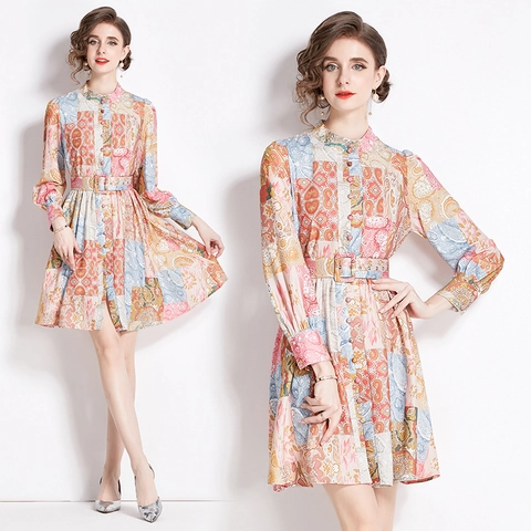 Vestito Lungo A Maniche Lunghe Con Stampa Patchwork Retro Collo Alto Monopetto Elegante Bohemien Con Cintura Da Donna