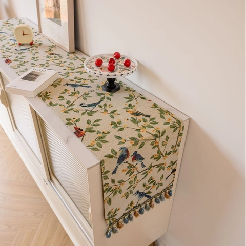 Camino de Mesa Jacquard Vintage Nórdico Con Borlas Patrón Floral Pájaro Lavable Antipolvere Camino de Mesa Decorativo Hogar Cocina