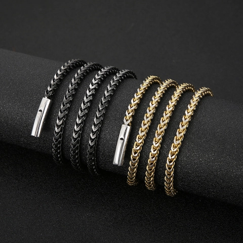 Men Stainless Steel Franco Chain Bracelet And Necklace Retro Industrial Bicolor Wheat Braid Punk Minimalist Accessory