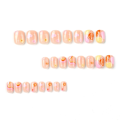 Faux Ongles Courts Carrés À Presser Cœur Rose Motif Sourire Style Rétro Groovy Ongles Artificiels Pour Femmes