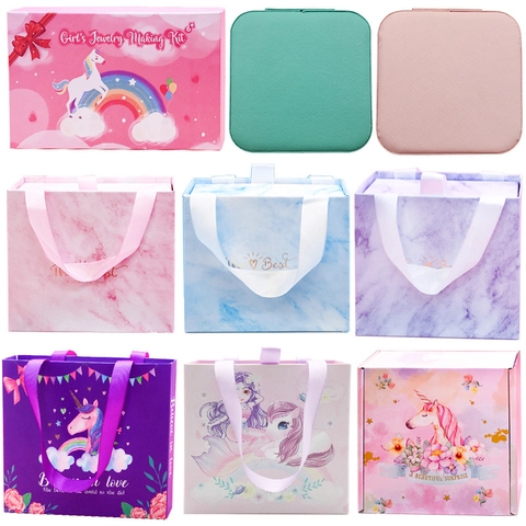 Jewelry Packaging Gift Box Marble Paper Storage Case For Necklace Ring Earring With Ribbon Handle Cartoon Unicorn Pattern