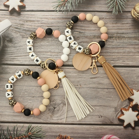 Fashion MAMA Silicone Bead Wristlet Keychain With Wood Bead Leather Tassel Leopard Print Bracelet Key Ring For Women Mother Gift