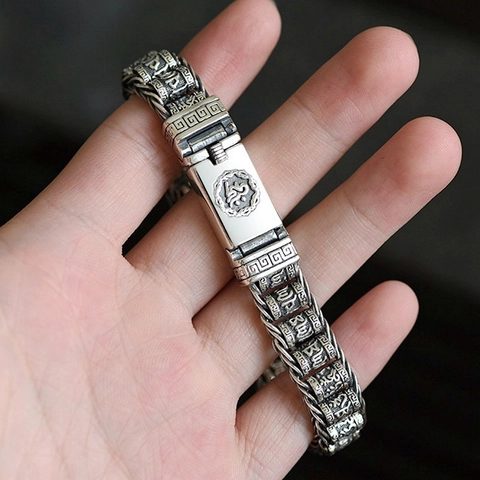 Vintage Herren Sechs Wort Mantra Armband Edelstahl Oxidiert Silber Gedrehtes Seil Kette Ethnisch Religiöser Schmuck Geschenk