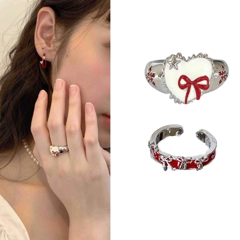 Französische Süße Girly Schleife Herz Zinklegierung Ring Galvanisiert Rot Emaille Strass Verstellbarer Mode Ring Für Damen Schmuck Geschenk