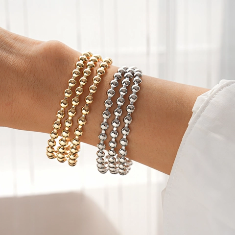 Bracciale Rigido Aperto A Tre Strati In Grani Di Metallo Minimalista In Ferro Lucido Geometrico Per Donna