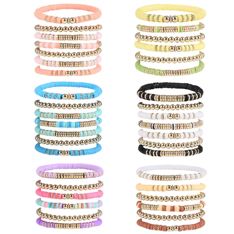Pulseras Apilables Vintage Cuentas Heishi De Arcilla Polimérica Y Cuentas Redondas De Aleación Estilo Bohemio Playa Verano Elásticas Unisex