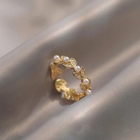 Elegant Leaf Wheat Ear Open Ring Adjustable Alloy Gold Plated Zircon Imitation Artificial Pearl Vintage Jewelry For Women