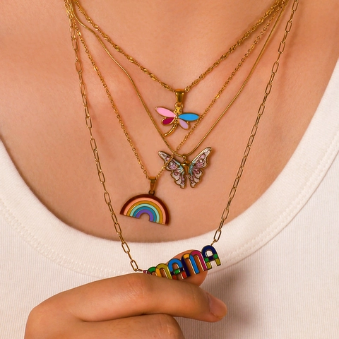 Collar Con Colgante De Acero Inoxidable Esmalte Colorido Mariposa Libélula Arcoíris Love Mama Letra Chapado En Oro Joyas Mujer