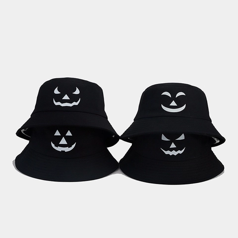 Sombrero de Pescador Luminoso de Halloween Cara de Fantasma de Calabaza Brilla En La Oscuridad De Algodón Sombrero de Sol Unisex Fiesta
