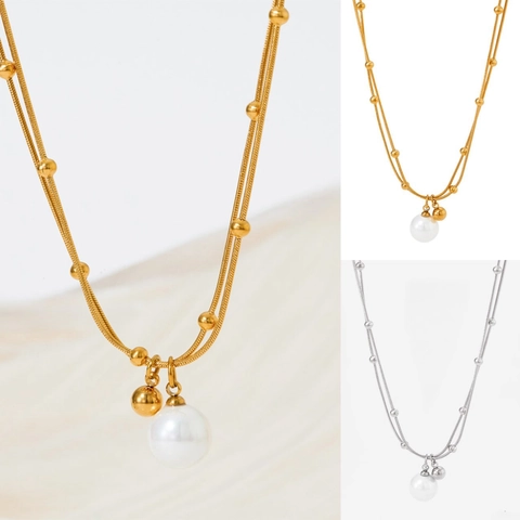 Collar De Doble Capa Con Colgante De Perla Artificial Acero Inoxidable Chapado Al Vacío Joyería Elegante Minimalista Para Mujer