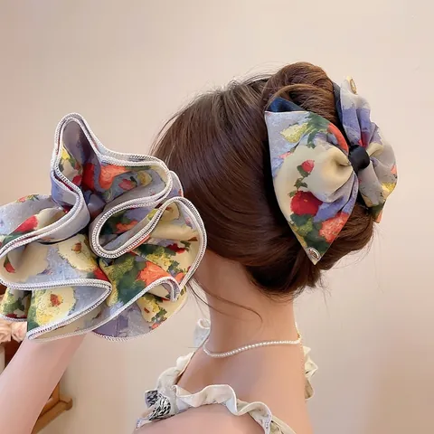 Coleteros Florales Extragrandes Y Pinza Con Lazo Estilo Pintura Al Óleo Francés Vintage Gasa Satén Accesorios Para El Pelo Mujer