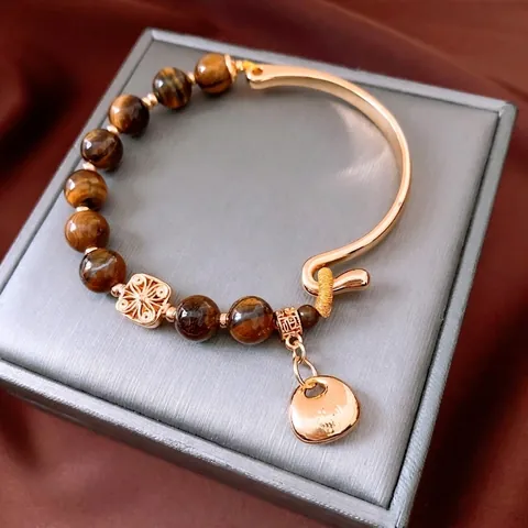Tiger's Eye Beaded Bracelet Gold Plated Copper Lock Charm Vintage Geometric Retro Luxury Jewelry Accessory