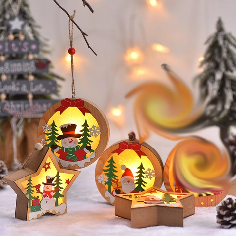 Houten Kerst Hangende Decoratie LED Verlichte Kerstman Sneeuwpop Rendier Ster Rond Boomhanger Feestdagen Huisdecoratie
