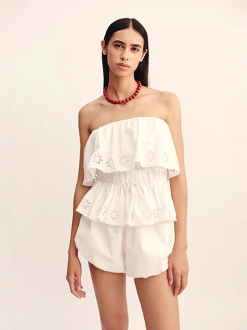 Dames Zomer Katoenen Top En Shorts Borduurwerk Ruches Off The Shoulder Strand Vakantie Casual