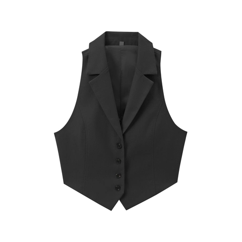 Women Cropped Suit Vest V Neck Open Back Lace Up Bow Slim Fit Solid Color Polyester Waistcoat