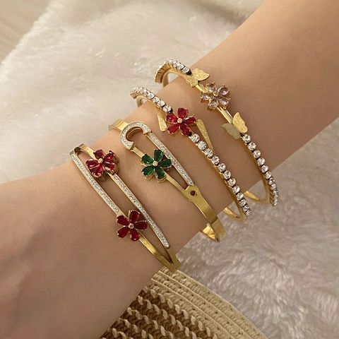 Zirkoon Bloem Vlinder Cuff Armband Roestvrij Staal Verguld Elegant Mode Verstelbare Sieraden Voor Vrouwen Cadeau