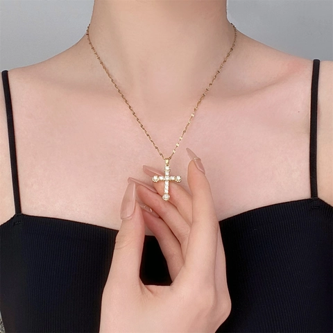 Hip Hop Gold Stainless Steel Chain Copper Zircon Cross Pendant Necklace For Women Men Vintage Trendy Decoration Jewelry Gift