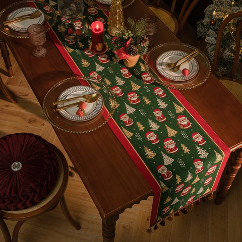 Christmas Table Runner Jacquard Santa Claus Snowflakes Tassels Polyester Holiday Home Dining Party Decor Festive