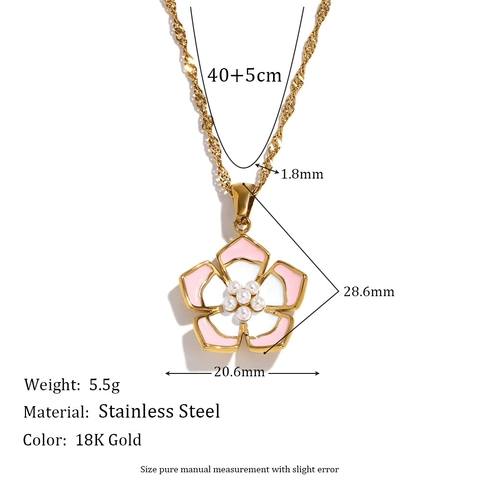 Stainless Steel Enamel Flower Jewelry Set With Artificial Pearl Petal Pendant Necklace Earrings Rings For Women Fashion Jewelry