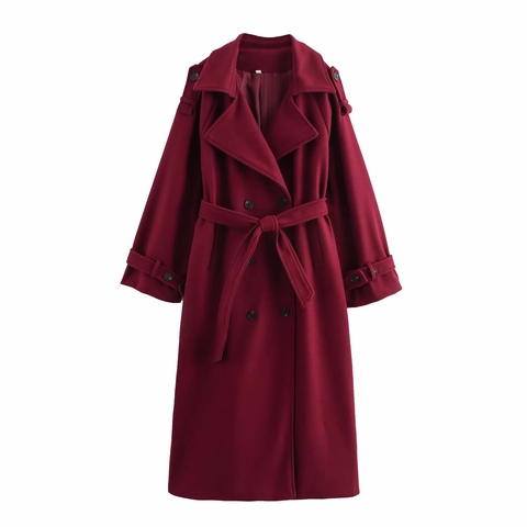 Women Woolen Overcoat Long Double Breasted Trench Coat With Belt Elegant Casual Solid Color Winter Jacket