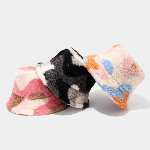 Sombrero De Pescador Para Mujer De Lana De Cordero Artificial Cálido Grueso Felpa Patchwork Bloque De Color Invierno