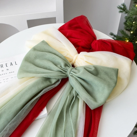 Large Christmas Tree Topper Bow Polyester Mesh Tulle Long Streamers Festive Holiday Home Window Decoration