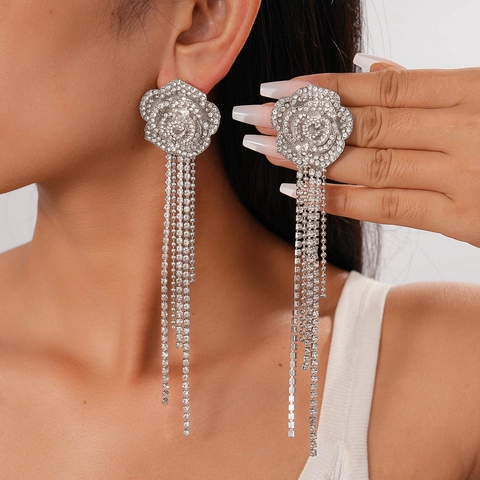 Alloy Rhinestone Rose Flower Tassel Earrings With 925 Sterling Silver Earring Post Elegant Long Dangle Jewelry For Women
