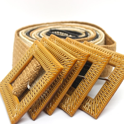 Women Wide Woven Elastic Belt Straw Style Bohemia Stretch Waistband With Square Buckle