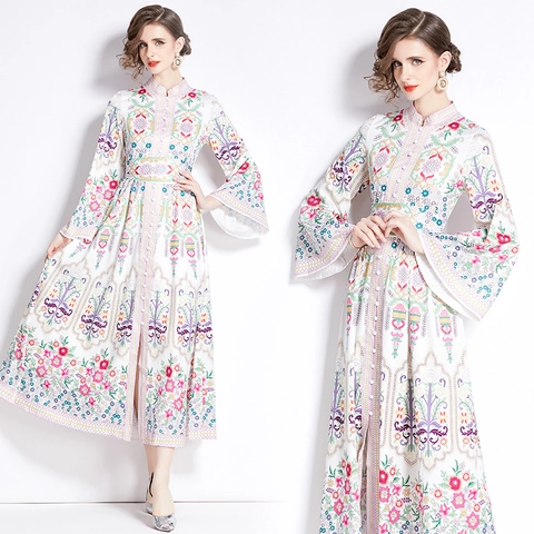 Elegantes Maxikleid Mit Ethnischem Blumendruck Stehkragen Ausgestellte Lange Ärmel Boho Stil A-Linie Langes Kleid Damen