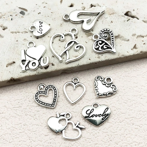 Ciondoli a Cuore Lega Zinco Argento Antico Vintage Per DIY Gioielli Bracciali Collane Amore Pace Ali