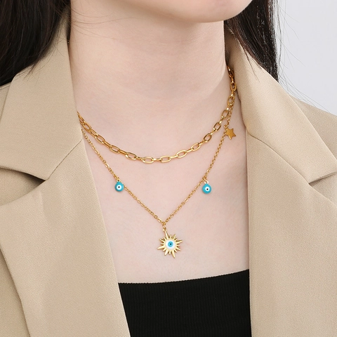 Evil Eye Jewelry Stainless Steel Double Layered Sun Star Pendant Necklace Stud Earrings Enamel Fashion Accessory For Women