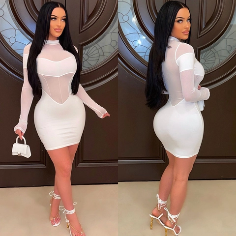 Sexy Bodycon Minikleid Mesh Patchwork Transparent Langarm Stehkragen Einfarbig Party Clubwear Damen Mode