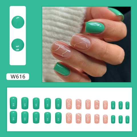Green Wavy Press On Nails White Abstract Line European Square Artificial Fingernails For Women Elegant Sweet Manicure Tool