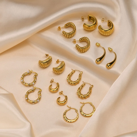 Pendientes De Aro Gruesos Acero Inoxidable Chapado En Oro IP Forma C Textura Tejida Gota Corazón Joyería Minimalista Para Mujer