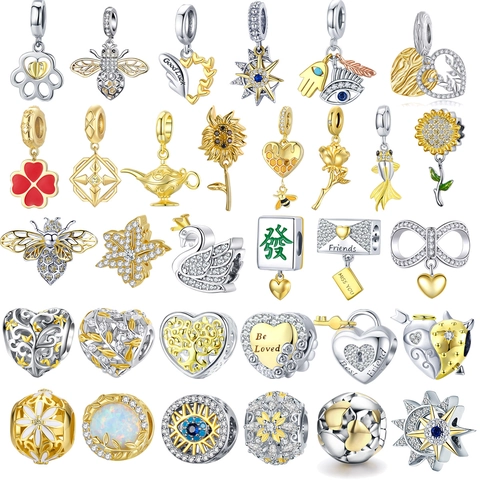 925 Sterling Silver Charm Pendants Gold Plated Zircon DIY Beads For Bracelets Necklaces Animal Heart Sunflower Women