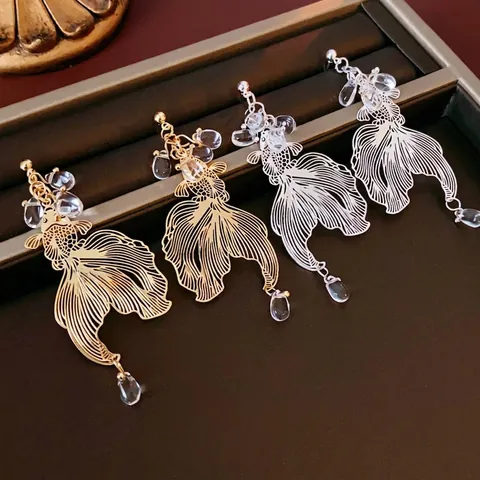 Hohl Koi Fisch Hängeohrringe Elegant Kupfer Mit Silbernem Ohrstecker Kristallperle Drop National Stil Damen Schmuck