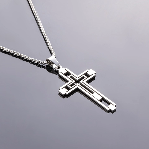 Hollow Cross Pendant Necklace Layered Design Stainless Steel Hip Hop Style Fashion Jewelry For Men