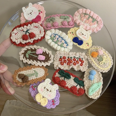 Barrettes À Cheveux En Laine Crochetées À La Hand Dessin Animé Mignon Cerise Tulipe Lapin Brodé Épingles BB Pour Filles