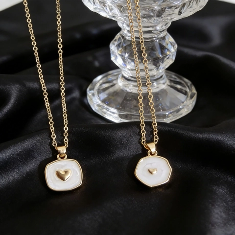 White Enamel Heart Pendant Necklace Gold Plated Copper Geometric Square Hexagon Minimalist Fashion Jewelry For Women