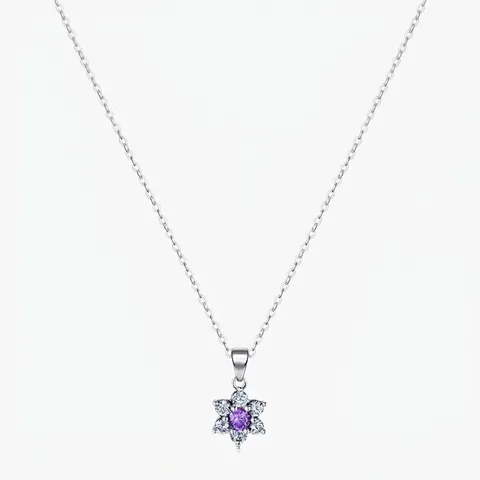 925 Sterling Silver Flower Pendant Necklace Purple White Zircon Elegant Floral Jewelry For Women Daily Accessorizing